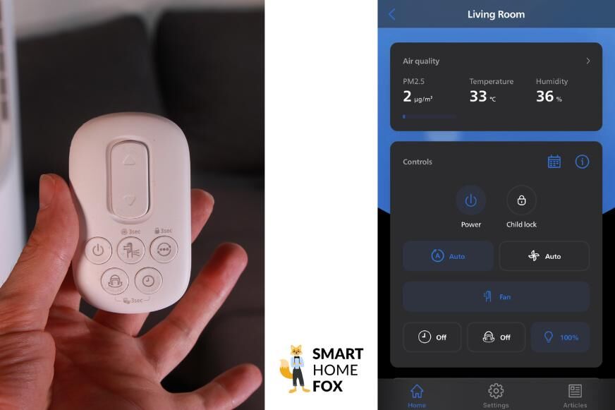 Die Steuerungsmöglichkeiten des Philips Air Performer Series 7000 (AMF765/10) werden per Fernbedienung und in der Air+ App gezeigt.